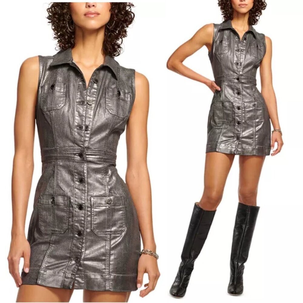 New Ramy Brook Katalina Size 26 Silver Metallic Denim Sleeveless Mini Dress